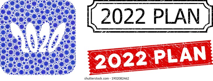 Vector mosaic 2020 perspective text and grunge 2022 Plan stamps. Mosaic 2020 perspective text constructed as subtraction from rounded square with blue virus icons.