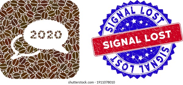 Vector mosaic 2020 webinar and grunge bicolor Signal Lost seal stamp. Mosaic 2020 webinar created as hole from rounded square with coffee seeds.