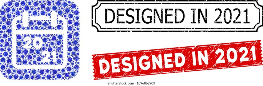 Vectormosaik 2021 Kalender und Grunge Designed in 2021 Siegel. Mosaic 2021 Kalender, entwickelt als Subtraktion vom abgerundeten Quadrat von blauen Viruselementen.