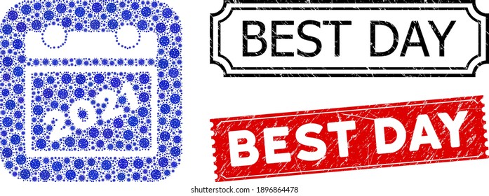 Vector mosaic 2021 calendar leaf and grunge Best Day seals. Mosaic 2021 calendar leaf designed as subtraction from rounded square with blue cell items.