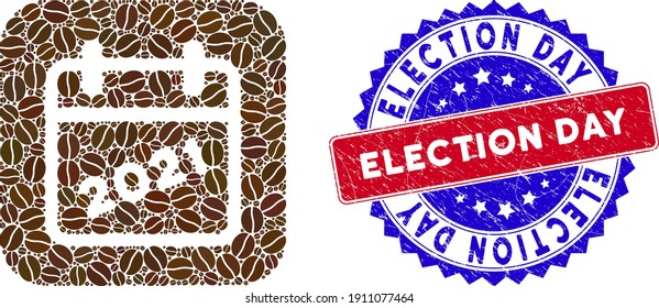 Vektor mosaic 2021 Kalenderseite und Grunge Bicolor Election Day Siegel. Mosaik-Kalenderseite 2021, erstellt als Subtraktion von abgerundetem Quadrat mit Kakaokorn.