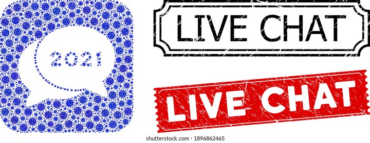 Vector mosaic 2021 chat messages and grunge Live Chat seal stamps. Mosaic 2021 chat messages created as hole from rounded square with blue infection elements.