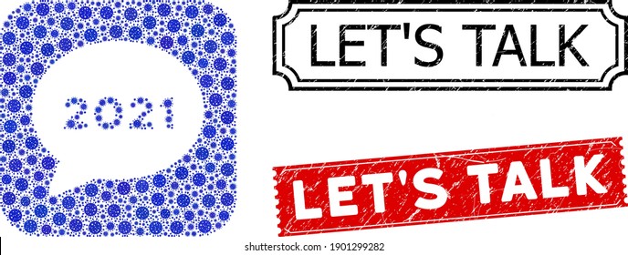 Vector mosaic 2021 Forum Nachricht und grunge Let's Talk Briefmarken. Mosaic 2021 Forum-Nachricht als geschnitzte Form aus abgerundetem Quadrat mit blauen Zellen Elemente erstellt.