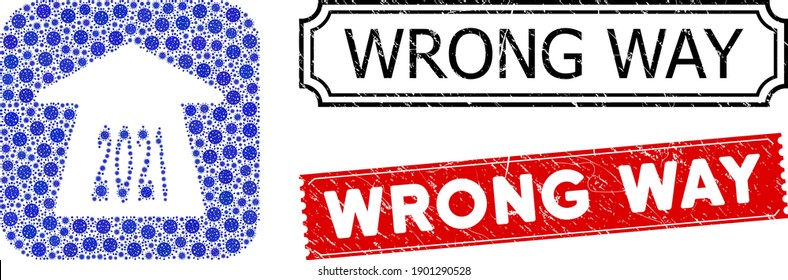 Vector mosaic 2021 forward arrow and grunge Wrong Way seals. Mosaic 2021 forward arrow designed as carved shape from rounded square with blue contagious elements.