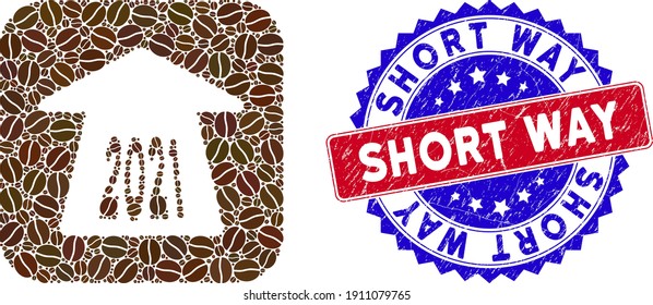 Vector mosaic 2021 forward arrow and grunge bicolor Short Way seal. Mosaic 2021 forward arrow designed as stencil from rounded square with coffee beans.
