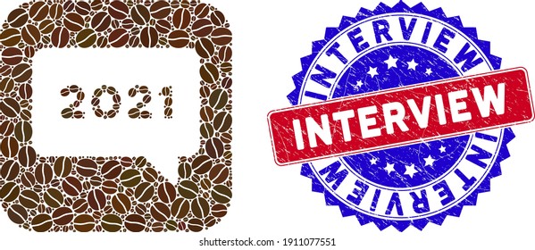 Vector mosaic 2021 message and grunge bicolor Interview seal. Mosaic 2021 message created as stencil from rounded square with cocoa seeds.