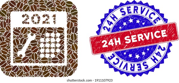 Vector mosaic 2021 repair day and grunge bicolor 24H Service stamp. Mosaic 2021 repair day designed as subtraction from rounded square with cocoa beans.