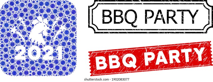 Vector mosaic 2021 rooster fireworks and grunge BBQ Party seals. Mosaic 2021 rooster fireworks designed as carved shape from rounded square with blue infection elements.