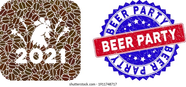 Vector mosaic 2021 rooster fireworks and grunge bicolor Beer Party seal stamp. Mosaic 2021 rooster fireworks constructed as subtraction from rounded square of coffee grain.