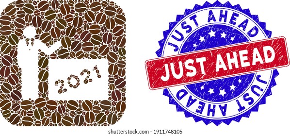 Vektor Mosaik 2021 mit Mann und grunge bicolor Just Ahead Briefmarke. Mosaik 2021 zeigt Mann als Loch aus abgerundetem Quadrat mit Kaffeekorn.