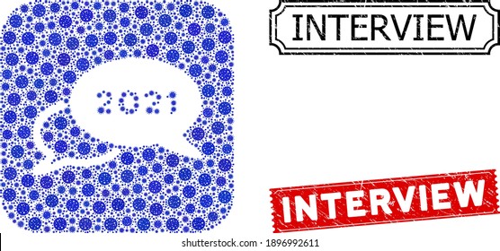 Vector mosaic 2021 webinar and grunge Interview stamps. Mosaic 2021 webinar created as stencil from rounded square with blue contagious items.