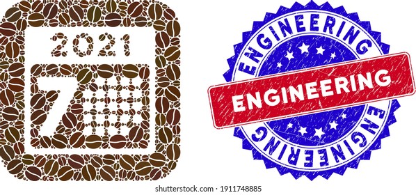 Vector mosaic 2021 year 7th day and grunge bicolor Engineering stamp. Mosaic 2021 year 7th day constructed as carved shape from rounded square with coffee seeds.