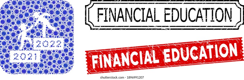 Vector mosaic 2022 business training and grunge Financial Education seals. Mosaic 2022 business training constructed as hole from rounded square of blue infection elements.