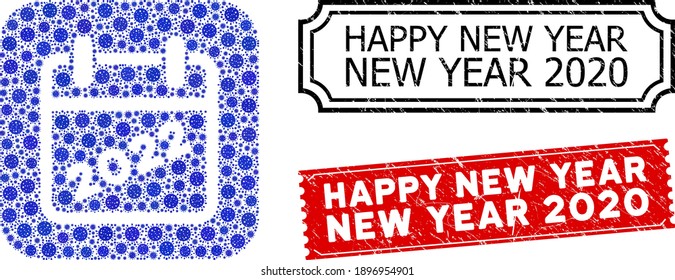 Vector mosaic 2022 calendar and grunge Happy New Year New Year 2020 stamps. Mosaic 2022 calendar designed as carved shape from rounded square with blue infection icons.