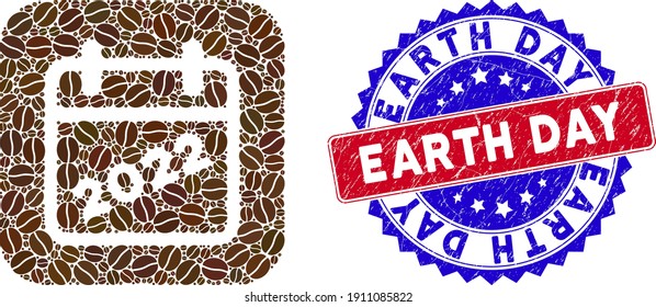 Página del calendario mosaico vectorial 2022 y sello de sello de sello bicolor gris del Día de la Tierra. Página del calendario Mosaic 2022 creada como galería de símbolos a partir de cuadrado redondeado con grano de cacao.