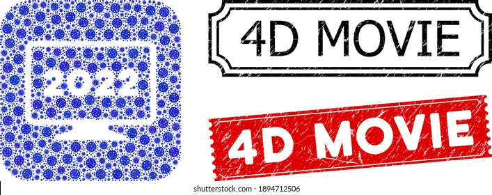 Vektor mosaic 2022 Display und grunge 4D Movie Siegel. Mosaik 2022-Anzeige, konstruiert als Subtraktion von abgerundetem Quadrat mit blauen Coronavirus-Elementen.