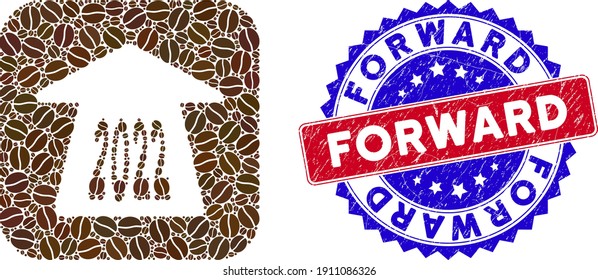Mosaico vectorial 2022 flecha hacia adelante y sello de sello de reborde bicolor gris hacia adelante. Flecha hacia adelante Mosaic 2022 diseñada como forma tallada a partir de cuadrado redondeado de granos de cacao.