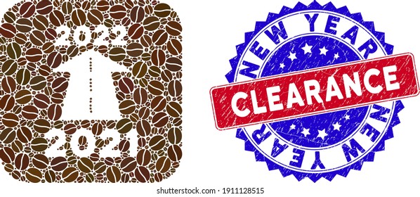 Vector mosaic 2022 future road and grunge bicolor New Year Clearance seal stamp. Mosaic 2022 future road constructed as carved shape from rounded square with cocoa grain.