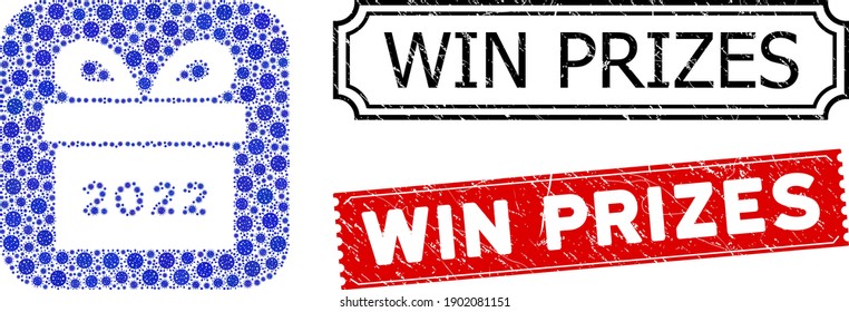Vector mosaic 2022 gift and grunge Win Prizes seal stamps. Mosaic 2022 gift created as carved shape from rounded square of blue virulent icons.