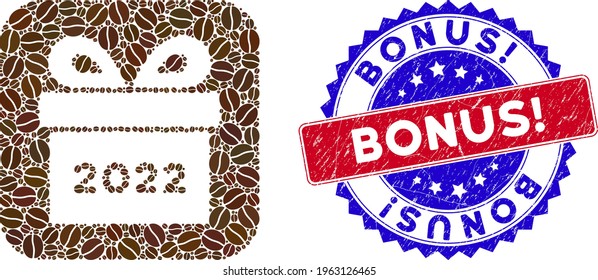 Vector mosaic 2022 gift and grunge bicolor Bonus exclamation. stamp. Mosaic 2022 gift designed as subtraction from rounded square of cocoa seeds.