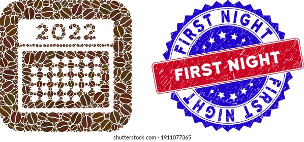 Vector mosaic 2022 month calendar and grunge bicolor First Night seal stamp. Mosaic 2022 month calendar created as stencil from rounded square with cocoa seeds.