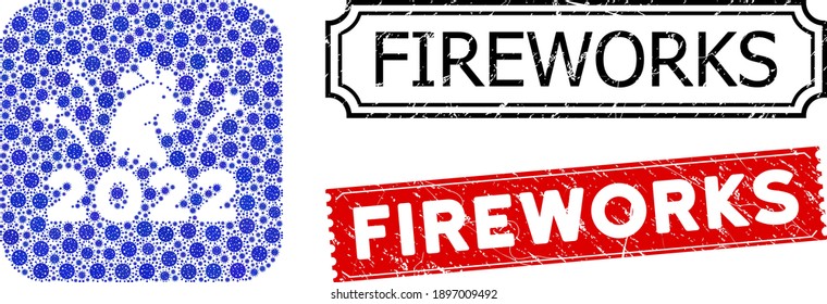 Vector mosaic 2022 rooster fireworks and grunge Fireworks stamps. Mosaic 2022 rooster fireworks constructed as stencil from rounded square of blue virulent icons.