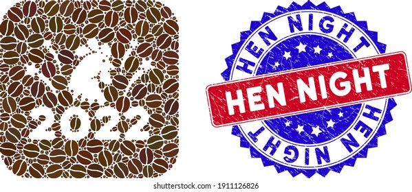 Vector mosaic 2022 rooster fireworks and grunge bicolor Hen Night seal. Mosaic 2022 rooster fireworks designed as hole from rounded square with cocoa seeds.