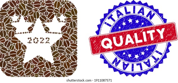 Vector mosaic 2022 star hit parade and grunge bicolor Italian Quality stamp. Mosaic 2022 star hit parade designed as carved shape from rounded square with coffee beans.