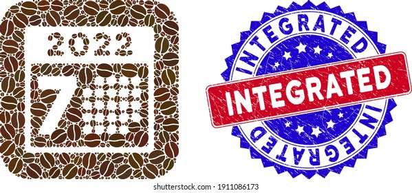 Vector mosaic 2022 year 7th day and grunge bicolor Integrated seal. Mosaic 2022 year 7th day created as carved shape from rounded square with coffee beans.