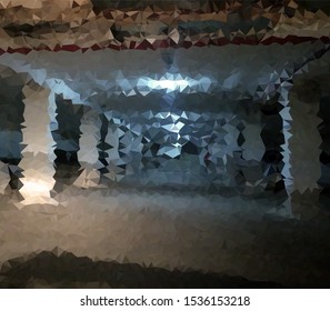 Vector mosaic of an abandoned partially destroyed underground parking
Without people, a ruined ceiling and crumbling columns, but with working lighting
Triangle mosaic
