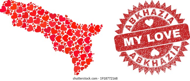 Vektor-Mosaik Abchasia Karte der Liebesartikel Herz und Grunge Meine Liebe Abzeichen. Mosaik geographische Abchasische Karte erstellt mit valentinischen Herzen. Rosette-Rosette mit Grunge-Kautschuk-Textur und meiner Liebesmarke.