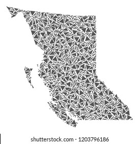 Vector mosaic abstract British Columbia Province map of flat triangles in gray color.