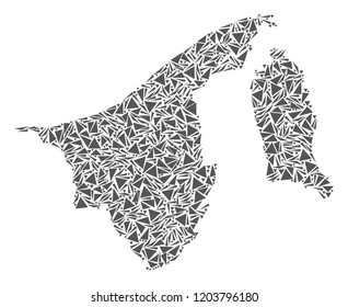 Vector mosaic abstract Brunei map of flat triangles in gray color.