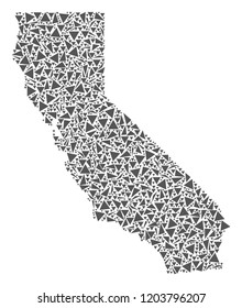 Vector mosaic abstract California map of flat triangles in gray color.
