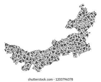 Vector mosaic abstract Chinese Inner Mongolia map of flat triangles in gray color.