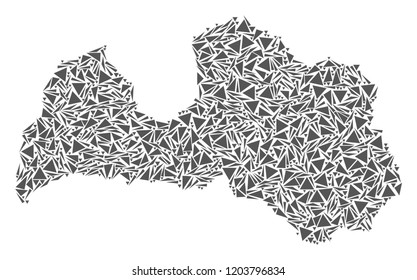 Vector mosaic abstract Latvia map of flat triangles in gray color.