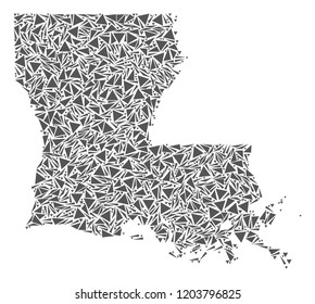 Vector mosaic abstract Louisiana State map of flat triangles in gray color.