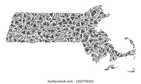 Vector mosaic abstract Massachusetts State map of flat triangles in gray color.