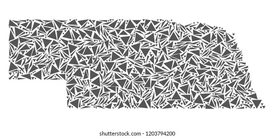 Vector mosaic abstract Nebraska State map of flat triangles in gray color.