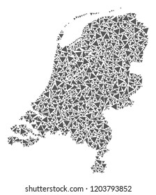 Vector mosaic abstract Netherlands map of flat triangles in gray color.