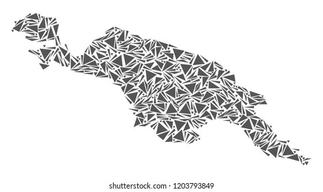 Vector mosaic abstract New Guinea Island map of flat triangles in gray color.