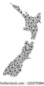 Vector mosaic abstract New Zealand map of flat triangles in gray color.