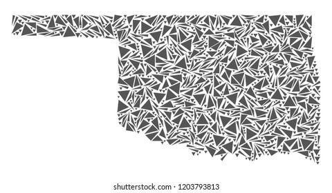 Vector mosaic abstract Oklahoma State map of flat triangles in gray color.