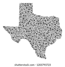 Vector mosaic abstract Texas map of flat triangles in gray color.