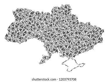 Vector mosaic abstract Ukraine map of flat triangles in gray color.
