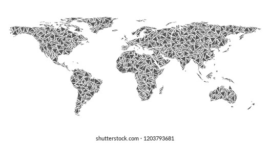 Vector mosaic abstract World map of flat triangles in gray color.