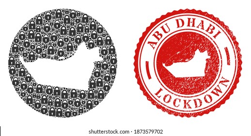 Vector mosaic Abu Dhabi Emirate map of locks and grunge LOCKDOWN seal stamp. Mosaic geographic Abu Dhabi Emirate map created as hole from round shape with black locks.