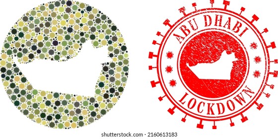 Vector mosaic Abu Dhabi Emirate map of virus items and grunge LOCKDOWN badge. Mosaic geographic Abu Dhabi Emirate map created as subtraction from round shape with covid items in camo army color hues.