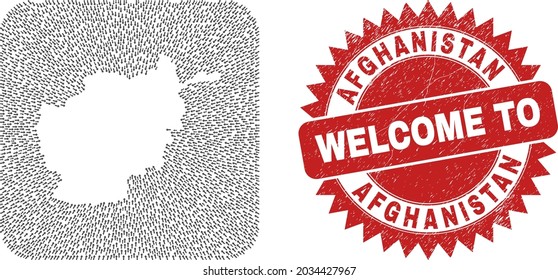 Vector mosaic Afghanistan map of movement arrows and rubber Welcome seal. Mosaic geographic Afghanistan map constructed as subtraction from rounded square shape using motion arrows.