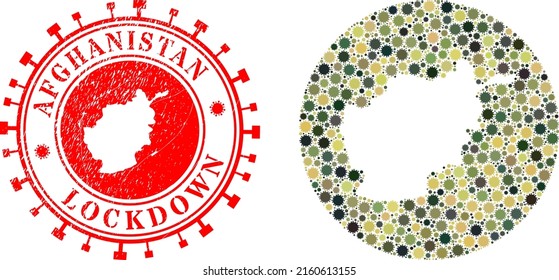 Vector mosaic Afghanistan map of virus icons and grunge LOCKDOWN seal stamp. Mosaic geographic Afghanistan map created as hole from circle with flu virus items in camo military color hues.